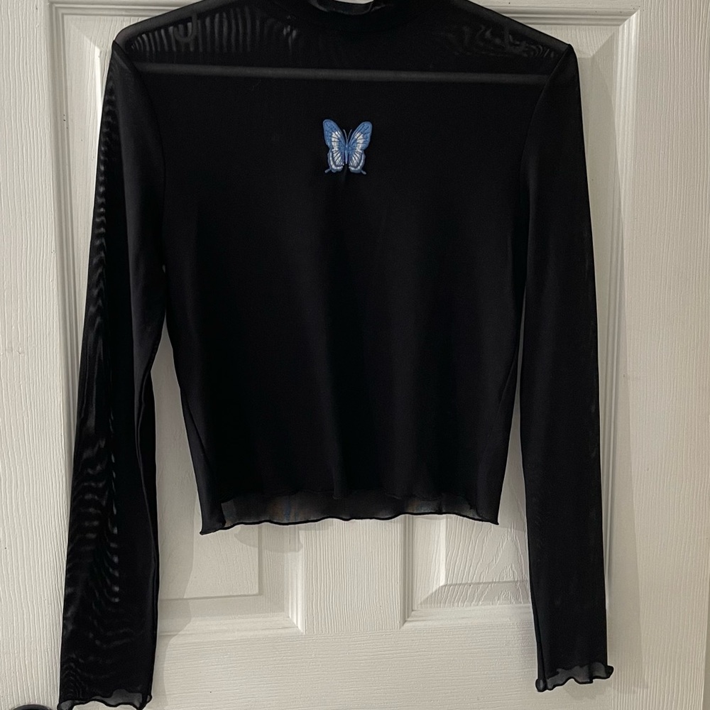 Mesh Top With Butterfly Embroidery